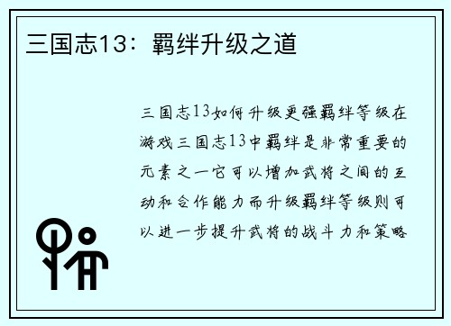三国志13：羁绊升级之道